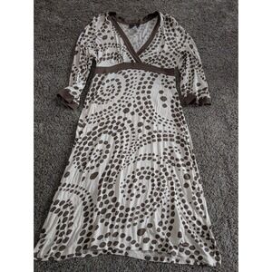 Athleta Women's M Brown Dot Print V Neck 3/4 Sleeve Dress Made in Portugal